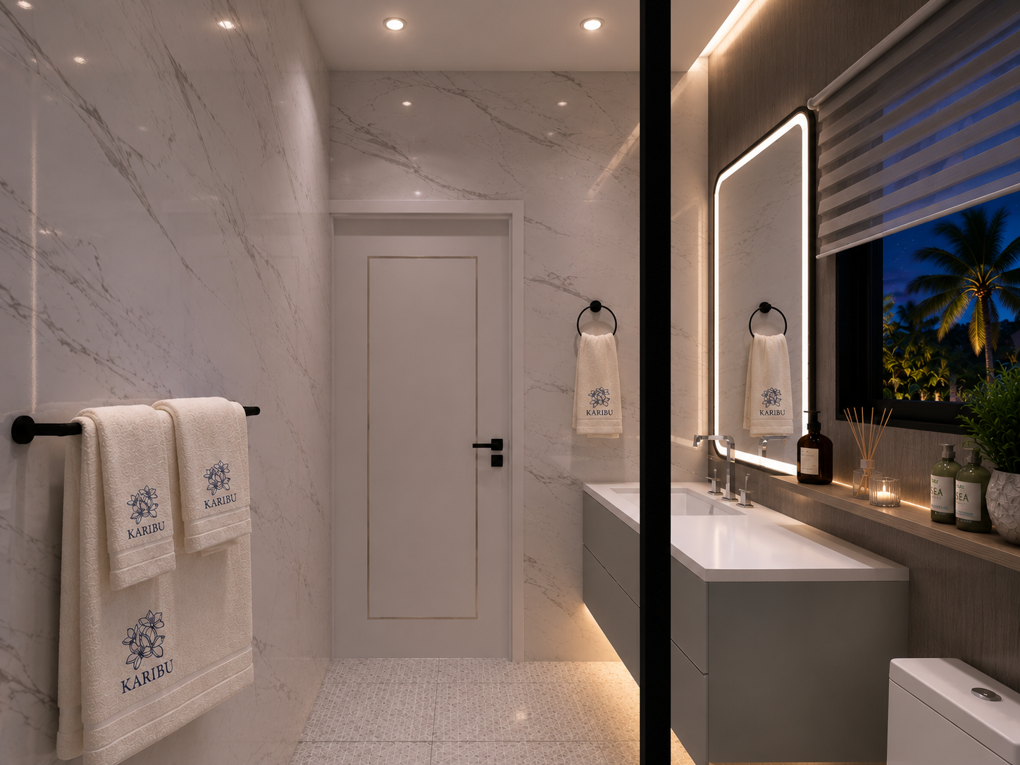The Summit penthouse bathroom sink, night